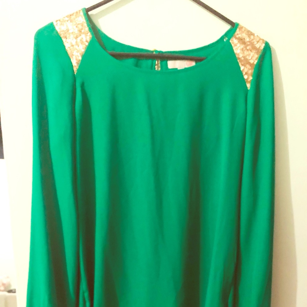Green with gold blouse